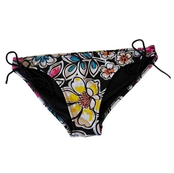 Aeropostale Side Tie String Bikini Bottom neon accent floral white/black large. - Picture 1 of 5